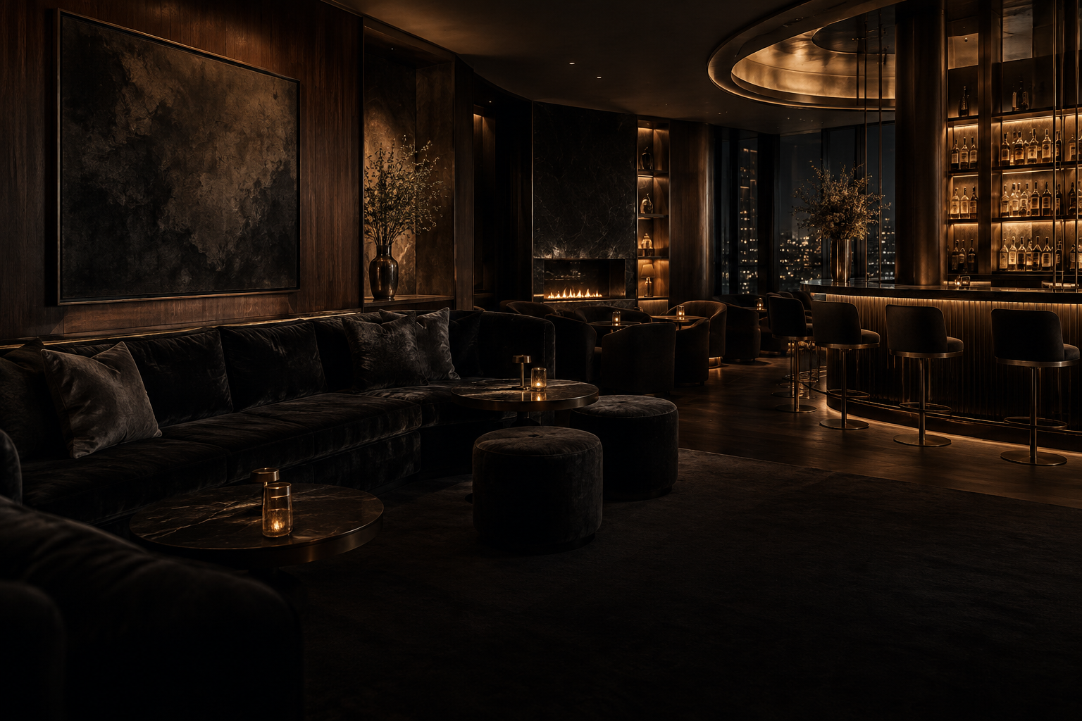 Lounge nocturne aux banquettes sombres et aux lumières ambrées, illustration d’ambiance