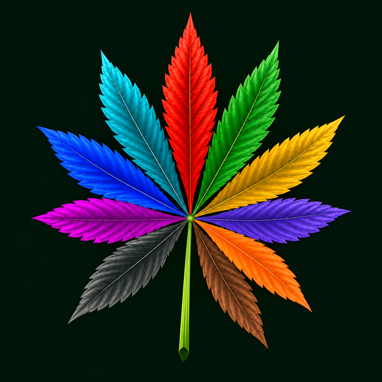 Feuille de cannabis stylisée aux folioles rouges, vertes, turquoise, jaunes, bleues, violettes, roses, orange, grises et brunes